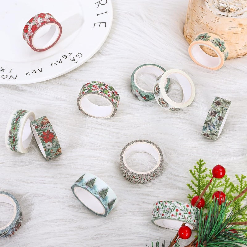 Whaline 12 Rolls Christmas Floral Washi Tape Xmas Watercolor Berry Holly Leaves Pine Cones Elk Bell Plants Masking Tape Winter Holiday Decorative Tape for Scrapbook Journal DIY Craft Gift Wrapping - Image 4